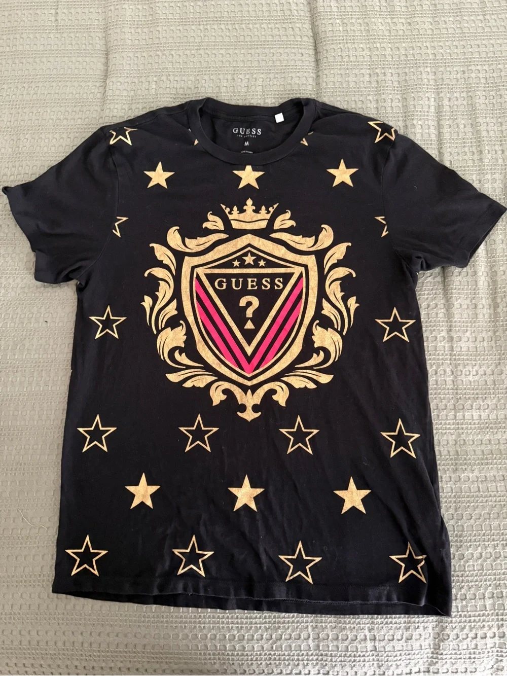 GUESS Black Tee with Gold Crest & Pink Accent - Picture 3 of 6